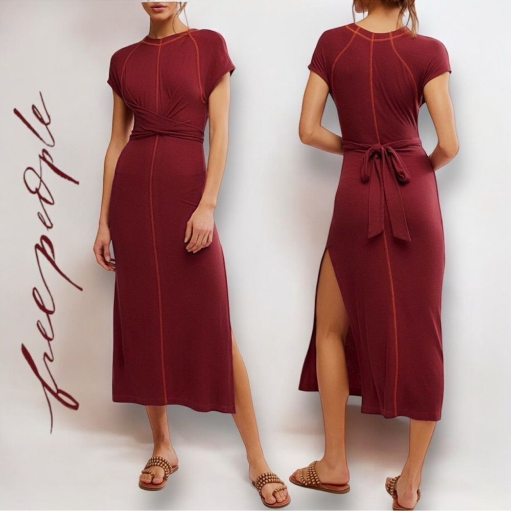 Free People Wine-Red Maxi Dress with Twist Waist and Side Slit